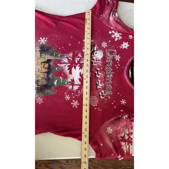 Vtg Red Christmas Pullover Shirt Santa Sleigh Reindeer Rhinestones Snowflake - Picture 10 of 16